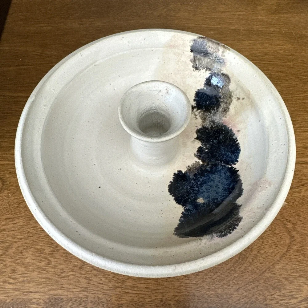 Candle Holder Studio Art Handmade Pottery White Cobalt Pair (2) 6